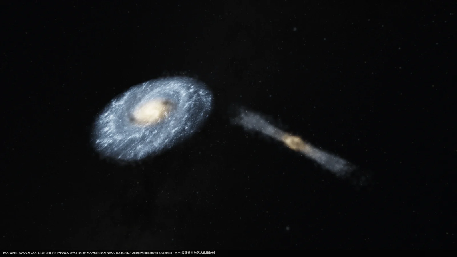 两座旋涡星系在深空中相向而行